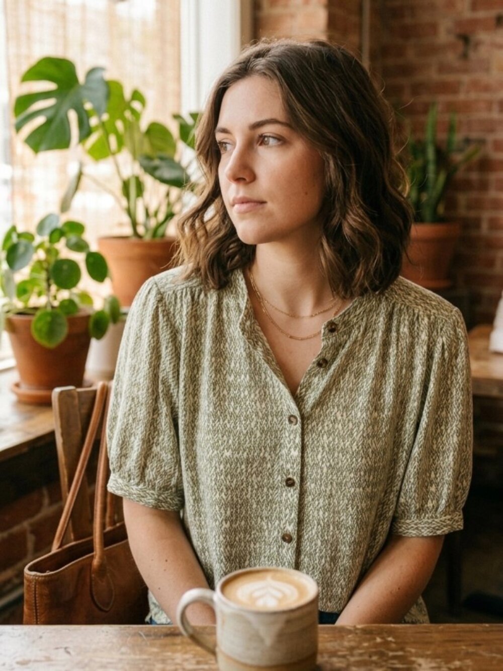 Worthington Geometric Chevron Button Down Blouse Sage Green XL